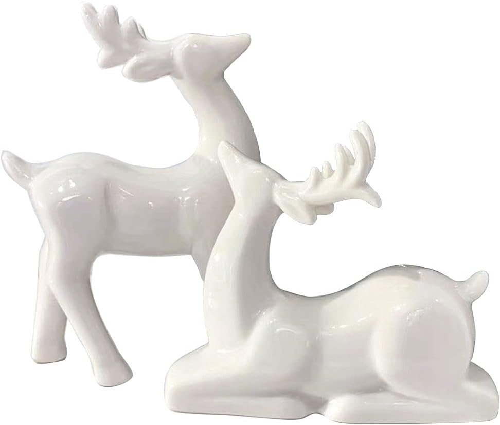 41GvAccCv9L._AC_SL1001_.jpg Porcelain Christmas Reindeer Figurines, Pack 2 Mini Animal Reindeer Decor Deer Statues Sculpture Tabletop Ornaments for Cabinet Mantel Shelves Fireplace Home Décor Accents Collectible Figurines - Image 1
