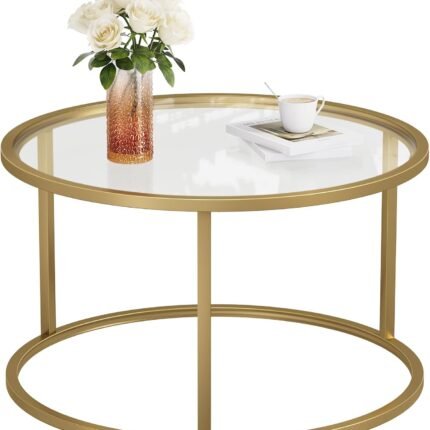 Small Glass Coffee Table Round Gold Coffee Table for Small Space Modern Simple Center Table with Gold Frame for Living Room Home Office, Easy Assembly