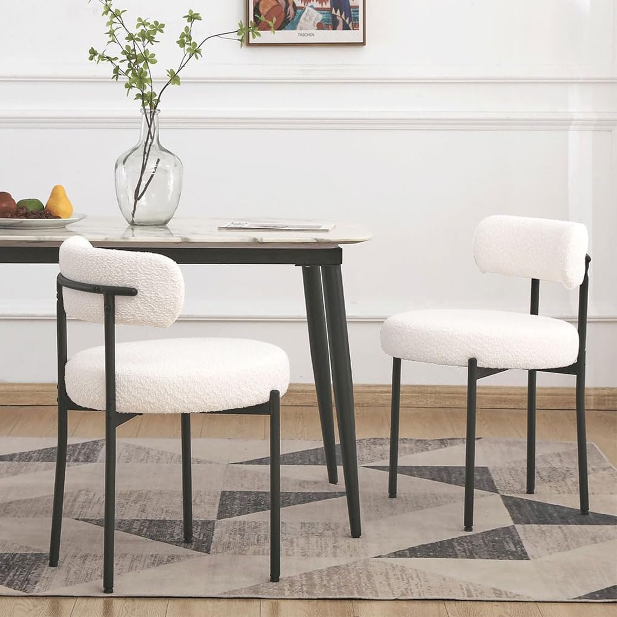 61LBDakIDSL._AC_SL1200_.jpg White Dining Chairs Set of 2, Modern Dining Room Chairs Mid Century with 3.94" Cushions and Metal Legs, Round Upholstered Boucle Chairs for Kitchen, Living Room, Easy Assembly - Image 1