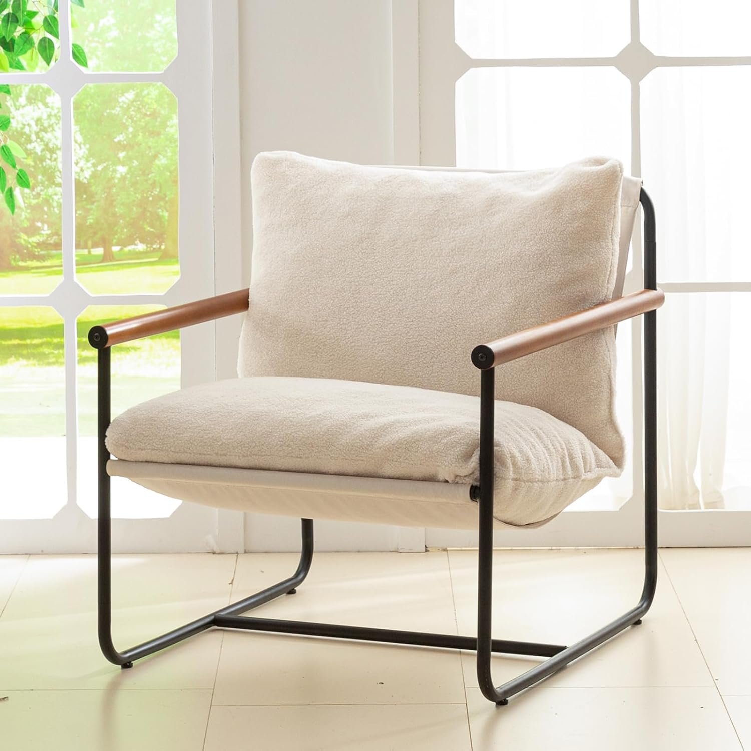 711EUurFt8L._AC_SL1500_.jpg Modern , Living Room Chair with Wood Armrests, Shredded Foam Cushion, and Sturdy Metal Frame Reading Chair, Beige - Image 1