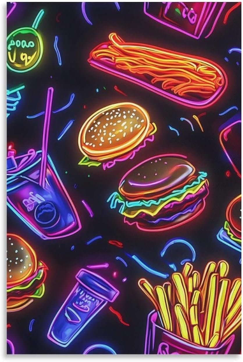 7185sDXyXsL._AC_SL1500_.jpg Neon Hamburger French Fries Canvas Art Decorative Paintings Wall Decor Picture for Bedroom Living Room Artwork Unframe-style 24x36inch(60x90cm) - Image 1