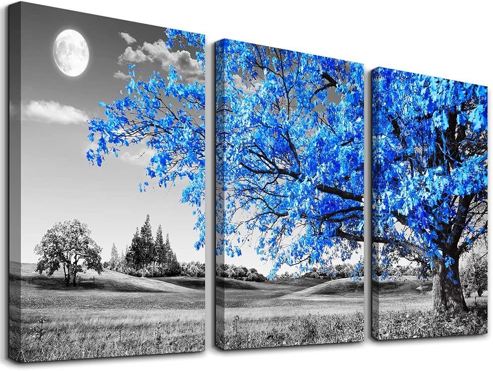 71UULrVw5ZL._AC_SL1000_.jpg Wall Art For Living Room black and white Blue tree moon Canvas Wall Decor for Home artwork Painting 12" x 16" 3 Pieces Canvas Print For bedroom Decor Modern Salon kitchen office Hang a picture - Image 1