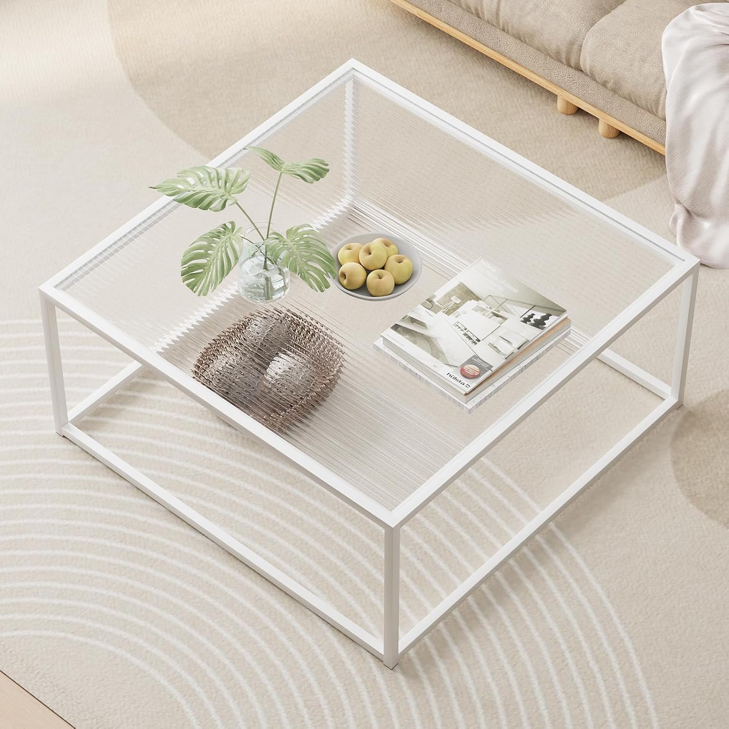 71efkha-ZL._AC_SL1500_.jpg Glass Coffee Table Square Coffee Table for Small Space,Modern Minimalist Center Table for Living Room Home Office,Tempered Glass-top with Sturdy Metal Frame,Easy Assembly,27 x 27In, White - Image 1