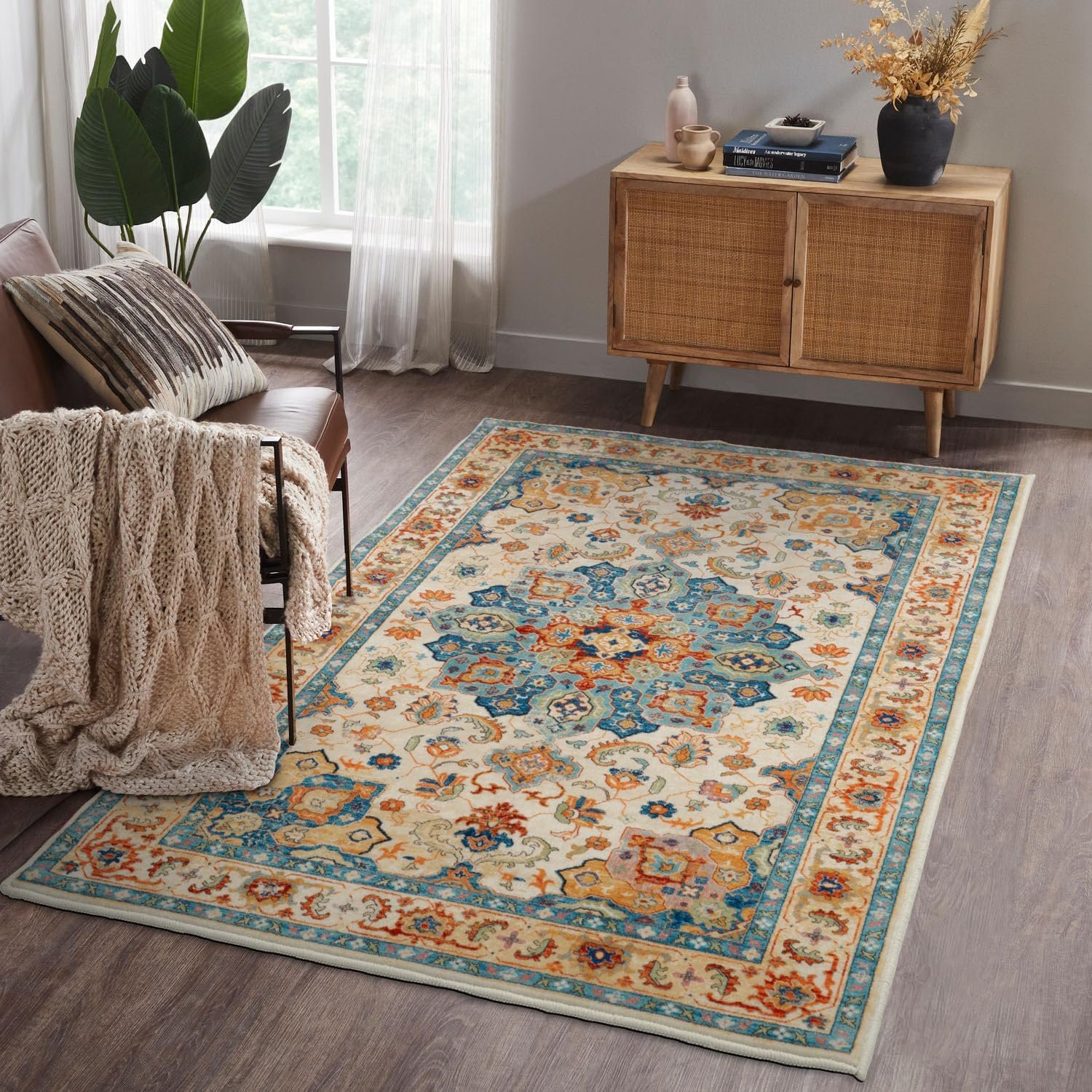 81H06cZGhZL._AC_SL1500_.jpg Boho Area Rug 3x5 Washable Rug Non-Slip Entryway Rug Vintage Soft Indoor Rugs for Entrance Living Room Bedroom Bedside Kitchen Office Carpet, Red-Blue - Image 1