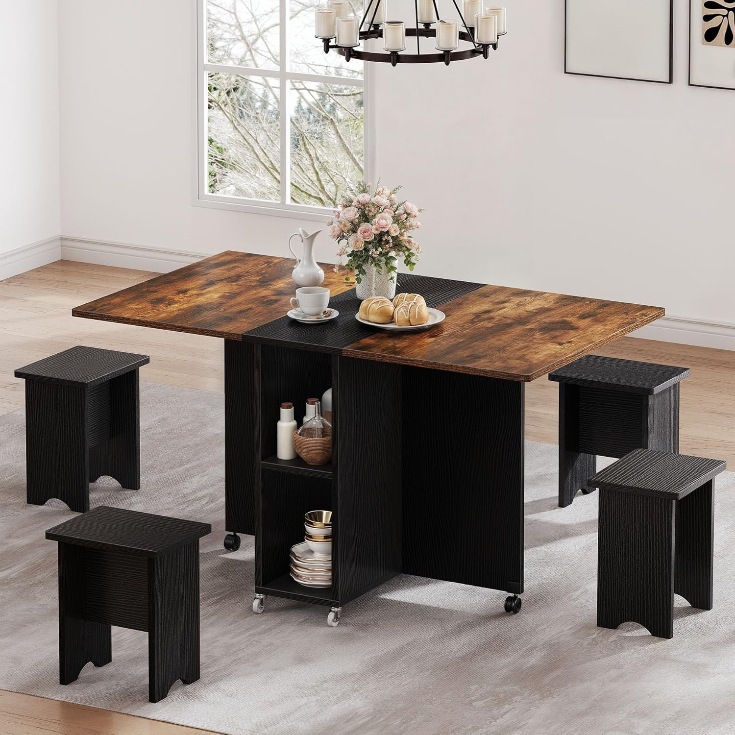 81gITLbjjDL._AC_SL1500_.jpg 5 Pieces Folding Extendable Dining Table Set with 4 Chairs for 4 Peoples 55 Inches Drop Leaf Wood Kitchen Dining Room Table Set with Storage and 6 Wheels for Small Space Saving Rustic Brown - Image 1