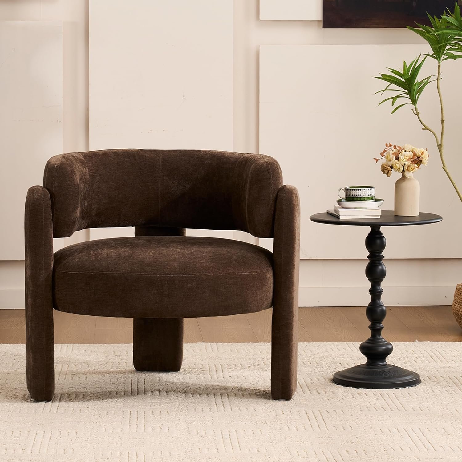 81hSy5ETVKL._AC_SL1500_.jpg Modern Accent Barrel Chair,Mid Century Single Armchair with Curved Backrest Upholstered Side Reading Chair with 3 Legs Comfy Sherpa Chair for Bedroom Home Office Living Room (Brown) - Image 1