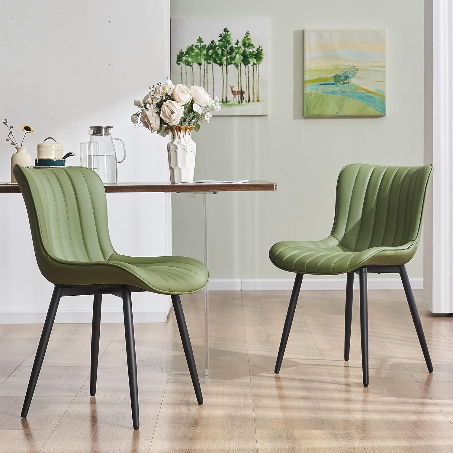 81kMrlVZX1L._AC_SL1500_.jpg Green Dining Chairs Set of 2 Mid-Century Modern Kitchen Dining Room Chairs Armless Faux Leather Upholstered Accent Side Dinner Chair with Padded Back Metal Legs, Olive - Image 1
