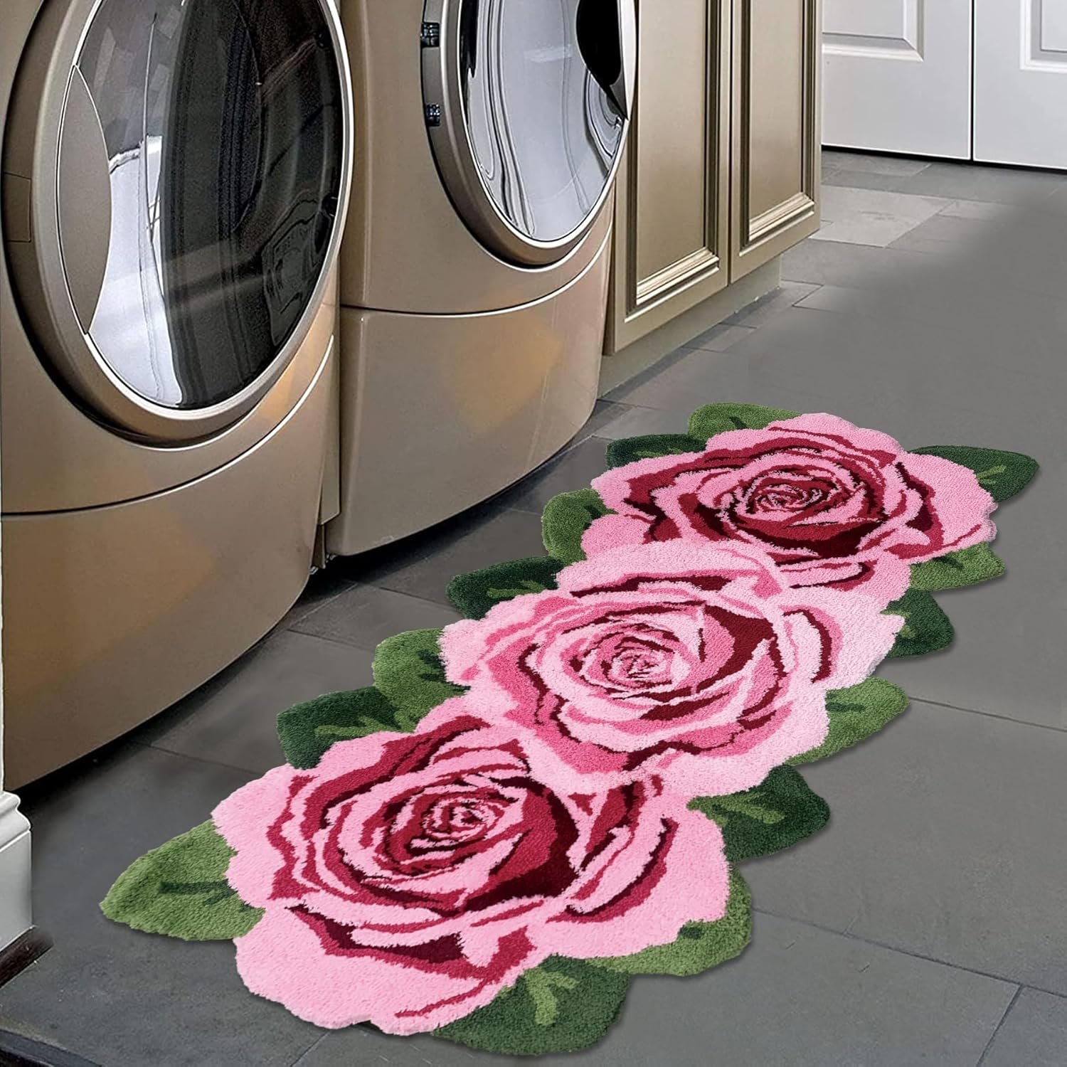 81lxQC26zlL._AC_SL1500_.jpg Fluffy Rose Rug,Pink Rose Runner Rug Nonslip Handmade Rug s Washable Floor Runner Mats for Living Room, Laundry Room, Hallway, and Bathroom High Pile - Image 1