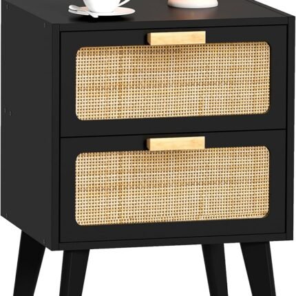 Rattan Nightstand, Wood End Table, Side Table with 2 Hand Made Rattan Decorated Drawers,Boho Bedside Table,Wood Accent Table with Storage for Livingroom, Bedroom, Black