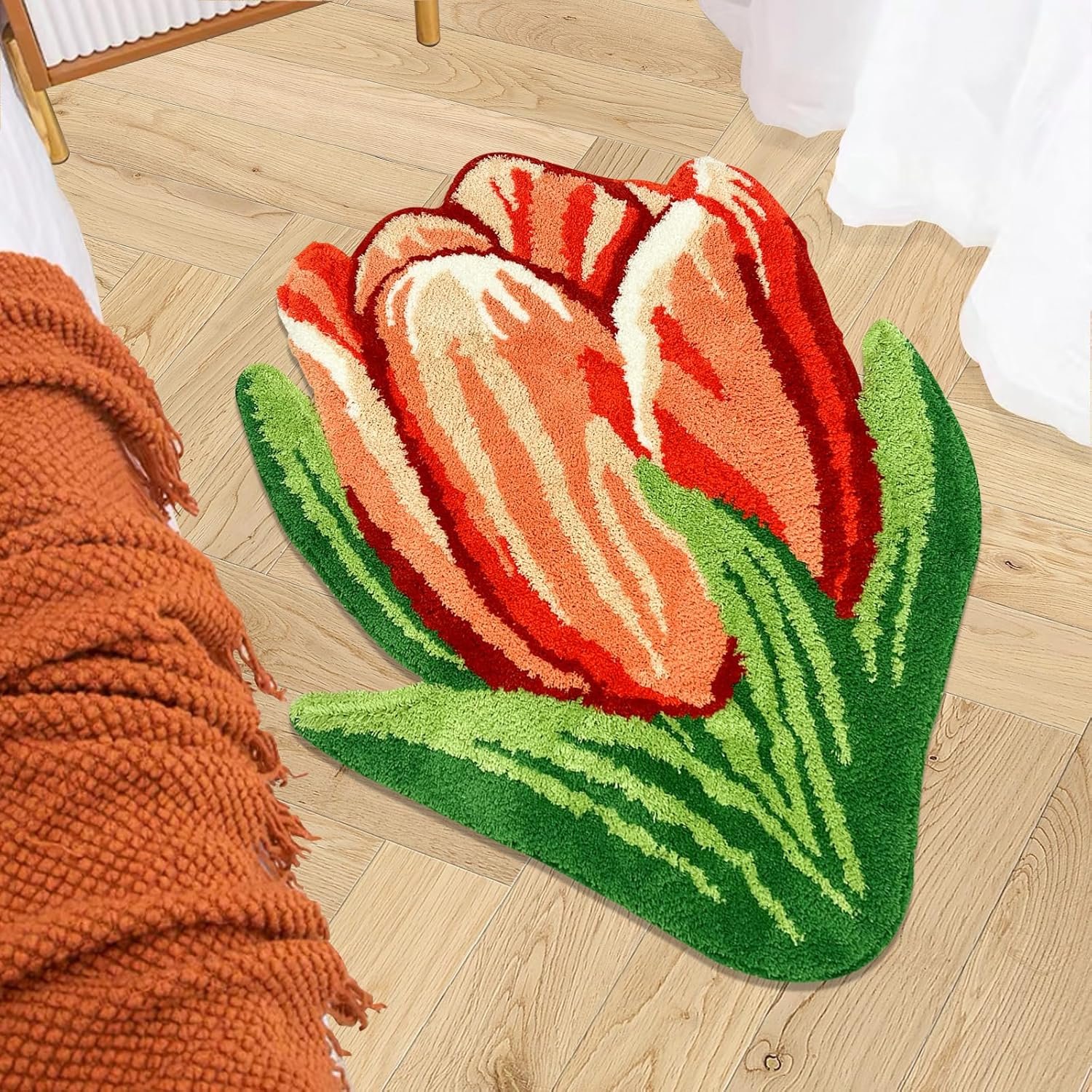 81vl21cpOTL._AC_SL1500_.jpg Floral Shaped Rug Vibrant Tulip Flower Area Rug Fluffy Handmade Bathroom Rug s Floor Mats for Bedroom, Laundry Room, Hallway, and Bathroom High Pile - Image 1