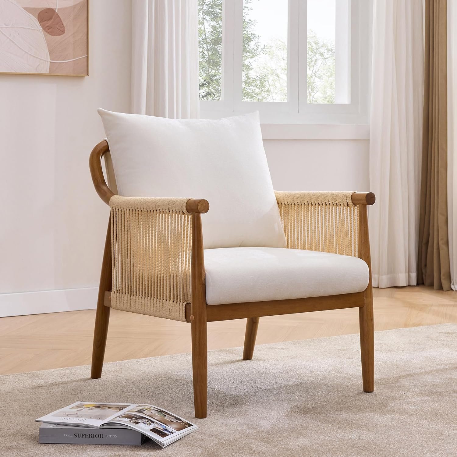 81y-34Y8WCL._AC_SL1500_.jpg Braid for Living Room Bedroom Reading Room, Rattan Modern Boho Armchair with Solid Wooden Armrest & Frame and Cushions - Image 1