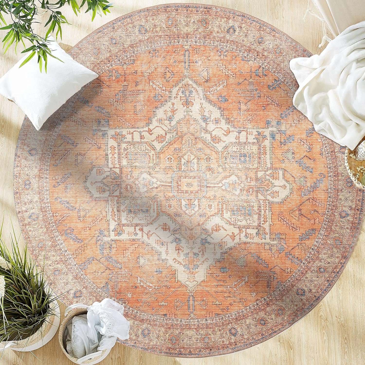 A1sufkWou5L._AC_SL1500_.jpg Traditional - Machine Washable Area Rug, Traditional Washable, Non Slip, Low Pile Chenille Rug, Living Room, Bedroom, Kitchen Rug (5'3" Round Burnt Orange) - Image 1